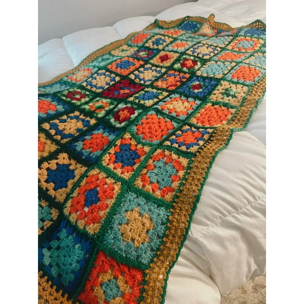 Vintage Handmade Granny Square Crochet Blanket | Wool Blend Lap Throw |